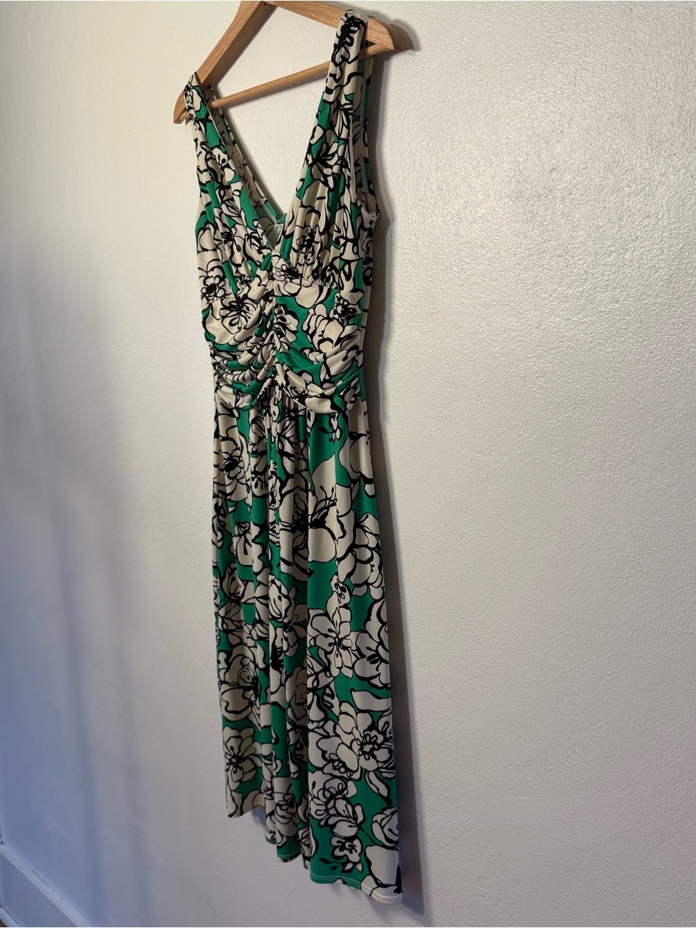 Bisou Bisou Green & Ivory Floral Print Y2K Midi Dress Ruche Detail Womens Size 8 - Picture 10 of 16